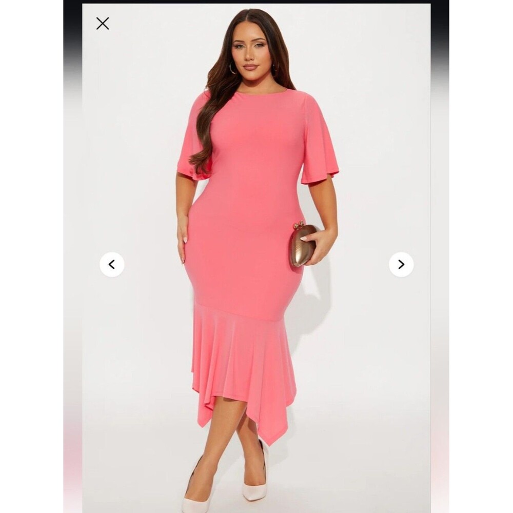 Fashion Nova Audrina Asymmetrical Mermaid Midi Dress - Coral 1X (NWOT)